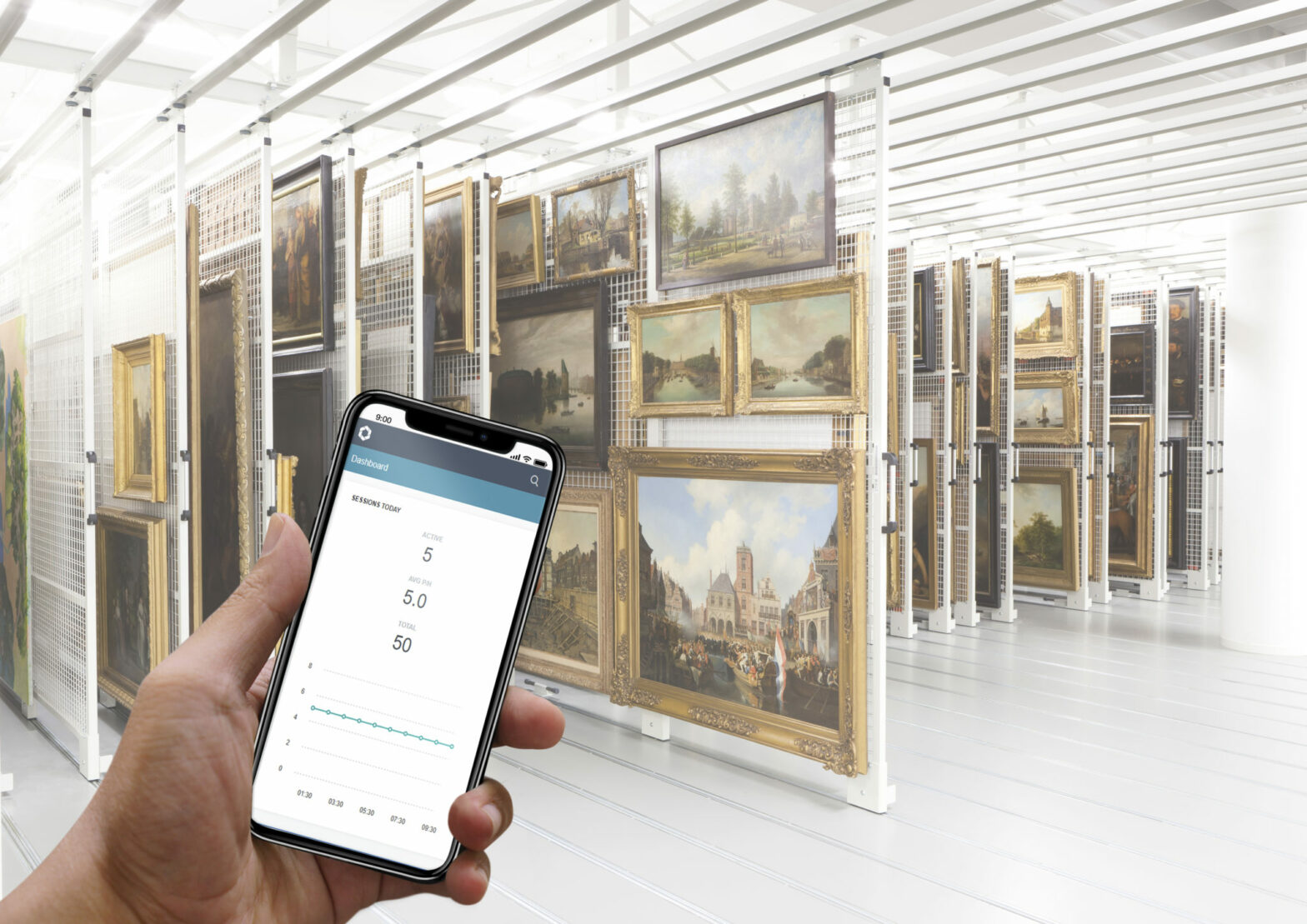 A collection of stacked paintings in the background with a mobile phone in the foreground dispalying some statistics about the gallery.